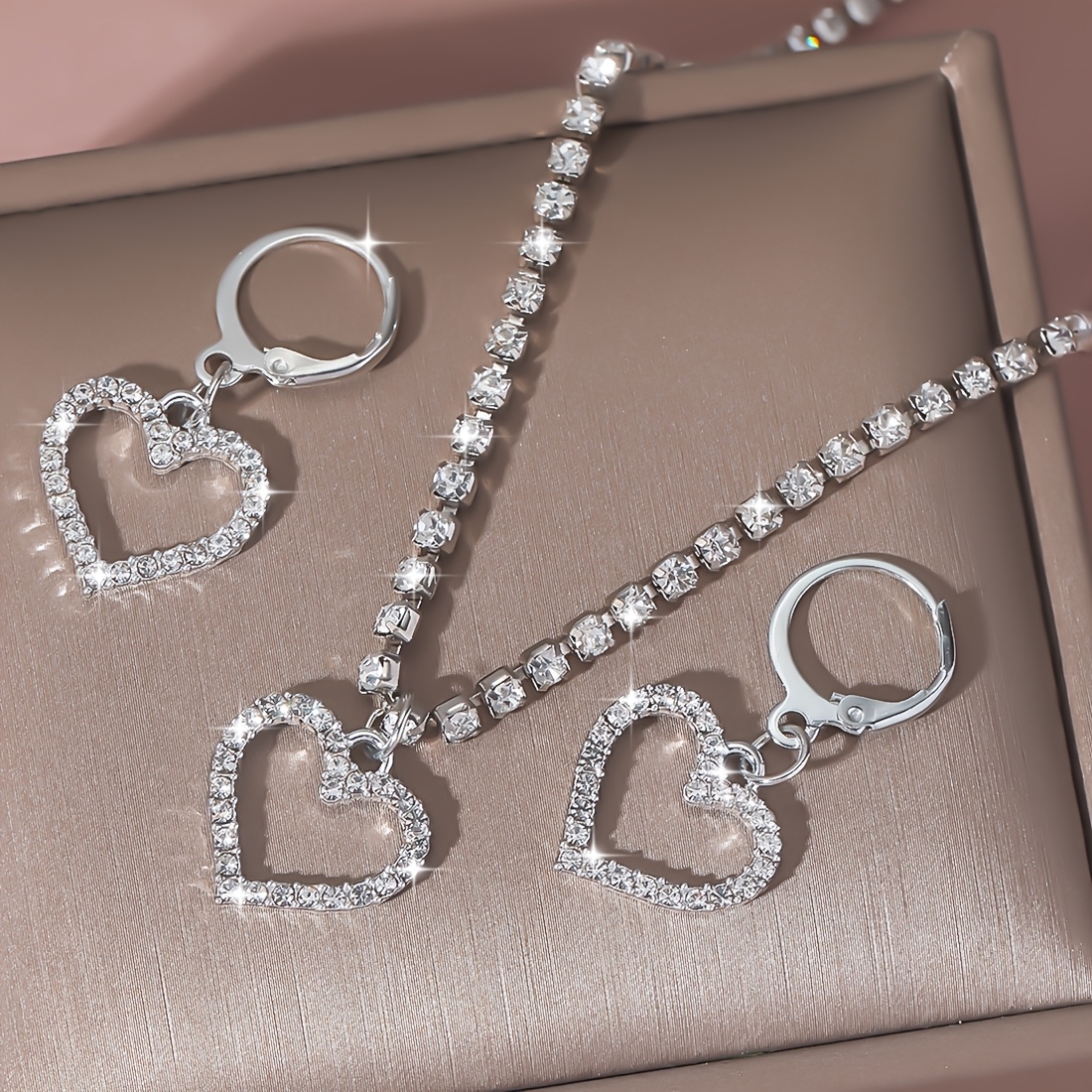 3pcs Elegant Classic Sparkling Heart Jewelry Set, Necklace & Earrings